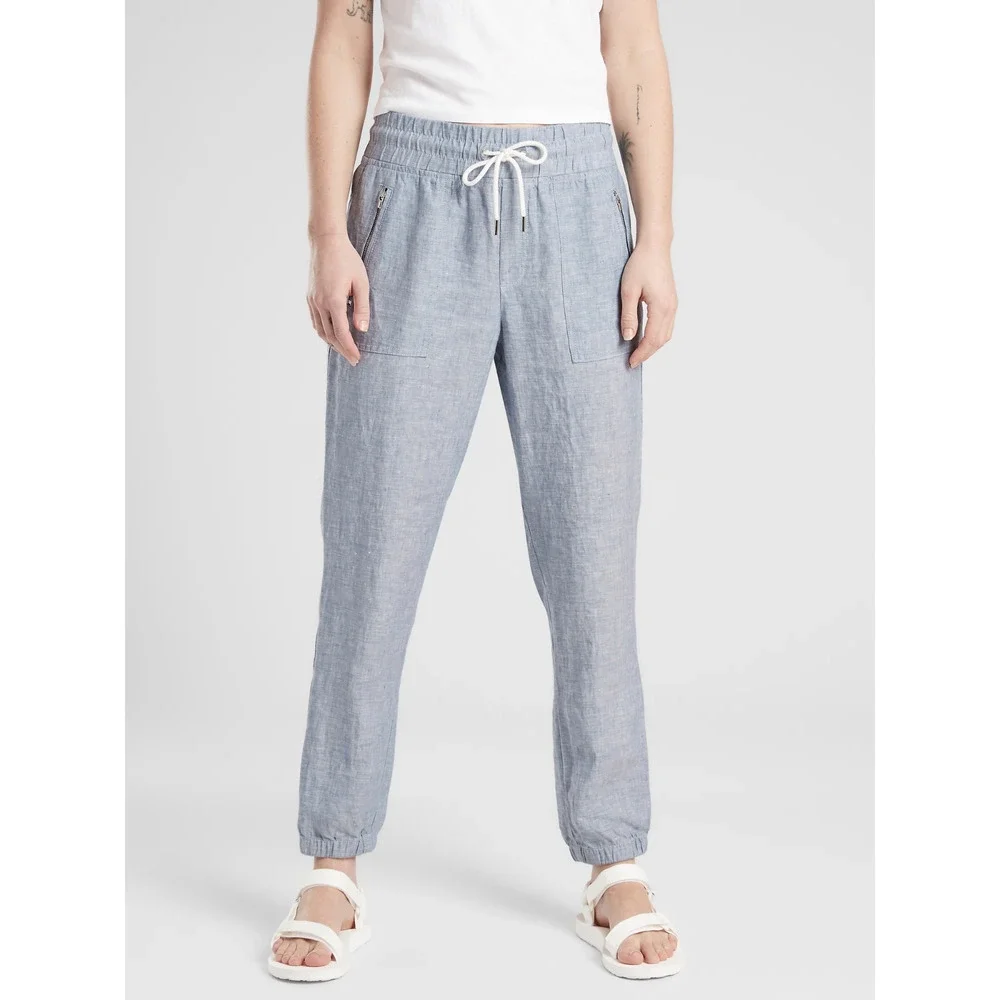Athleta Cabo Linen High Waisted Jogger Pants Blue Chambray‎ Size 2
